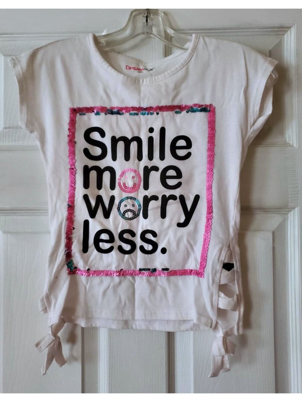 DREAMSTAR GIRLS SMILE MORE WORRY LESS SEQUIN SHIRT SIZE M 10/12
